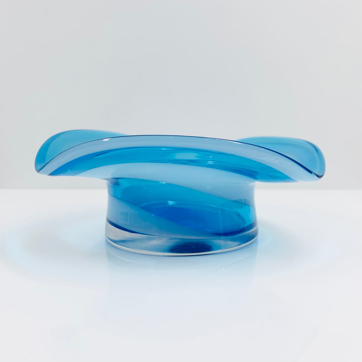 Midcentury hand made Swedish blue glass with white swirl bowl