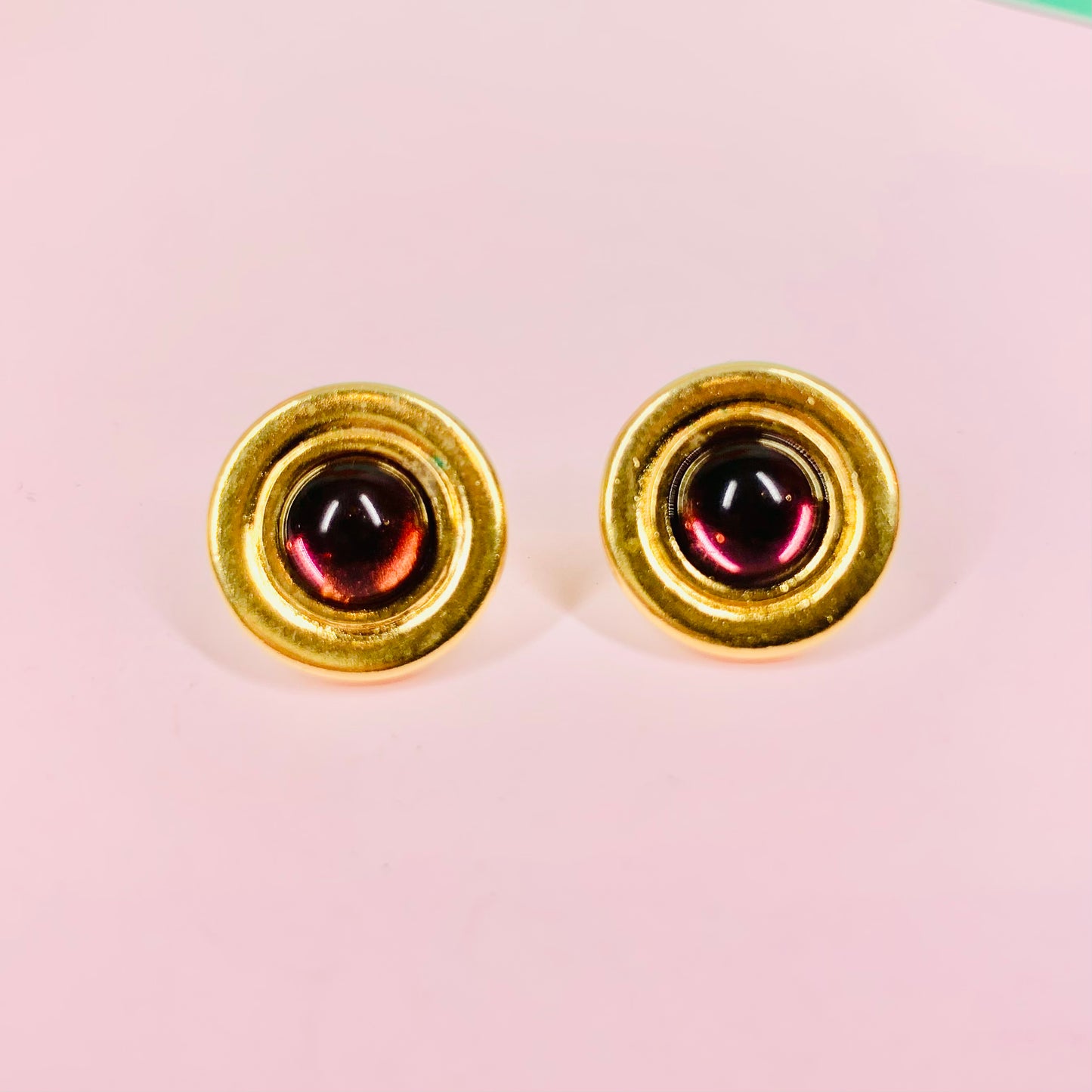 1980s gold plated purple paste button stud earrings