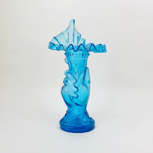 American Fenton Blue Pressed Glass Hand Holding Ruffle Vase