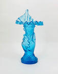 American Fenton Blue Pressed Glass Hand Holding Ruffle Vase