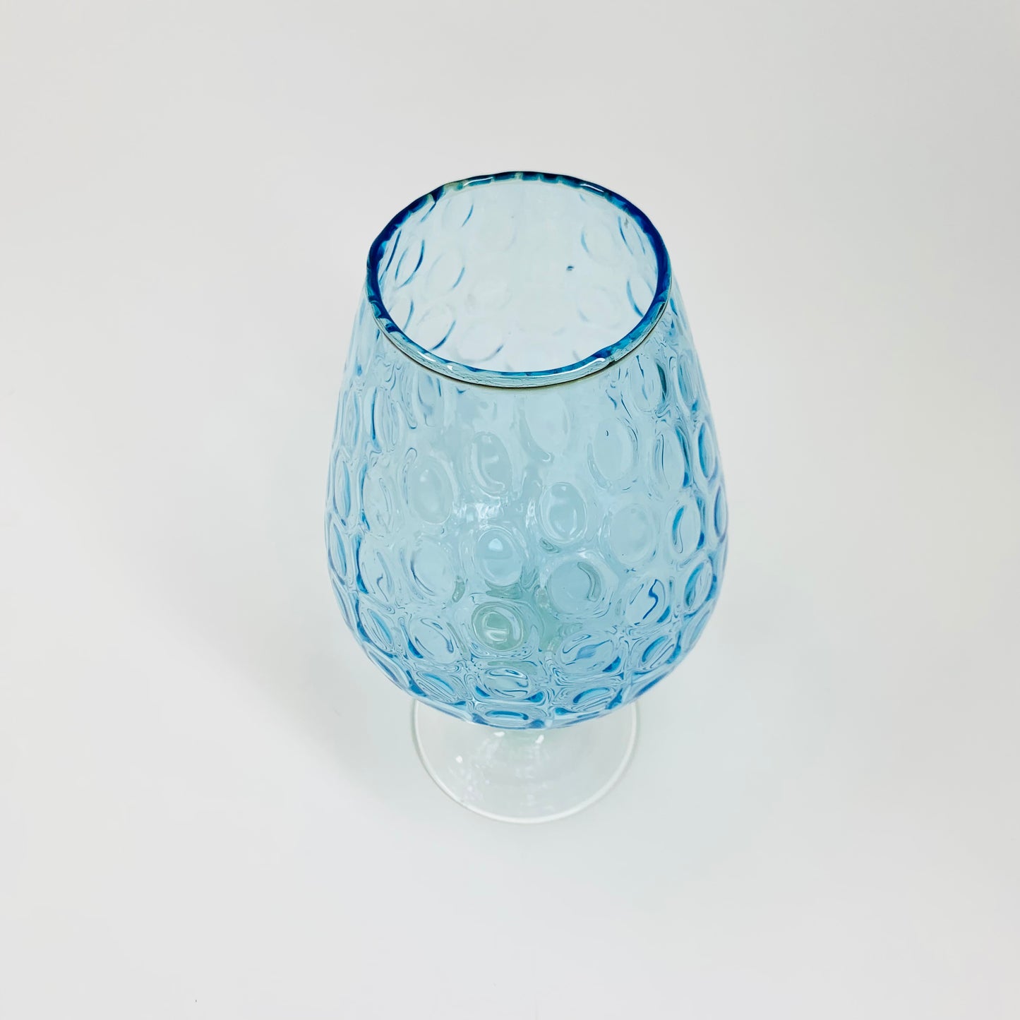 Midcentury Italian dimpled blue glass brandy balloon vase with clear stem