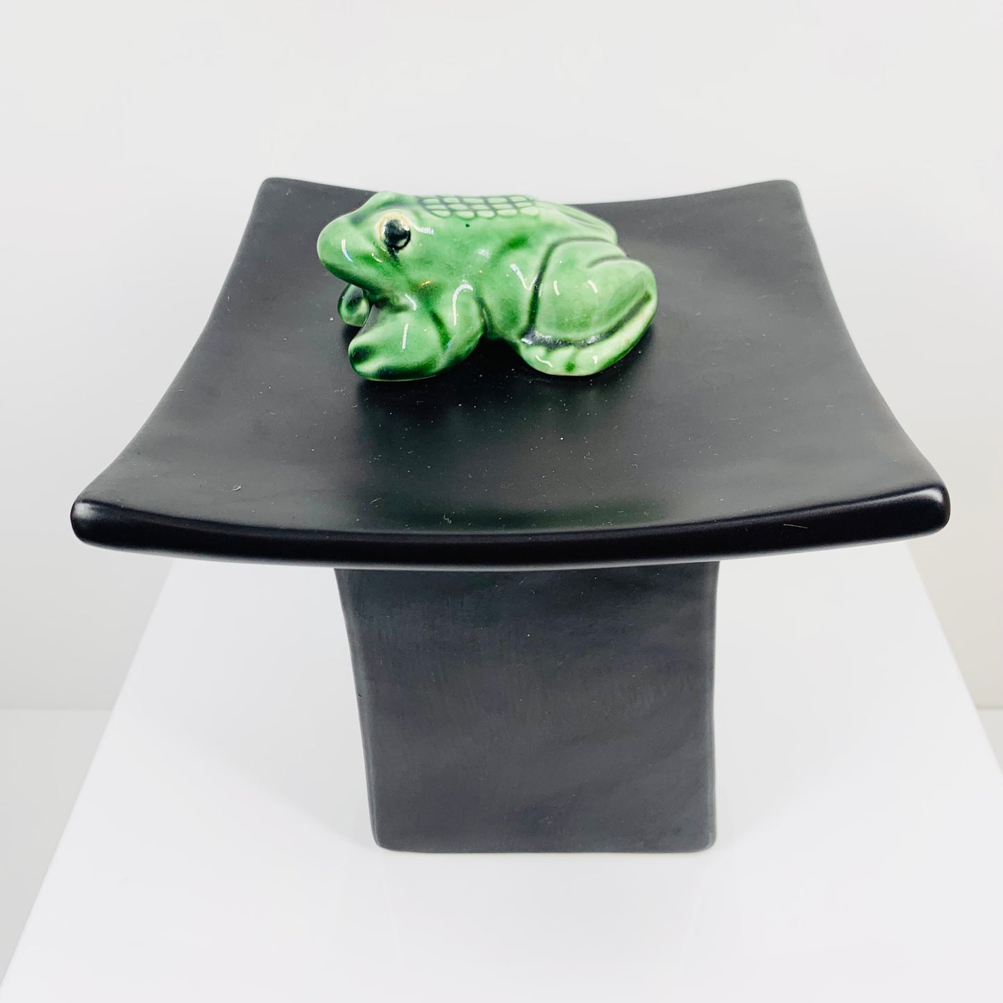 Vintage black porcelain with green frog ikebana vessel