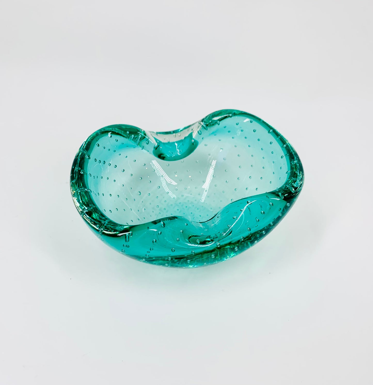 Stunning and rare MCM Murano turquoise glass ashtray with controlled bubbles