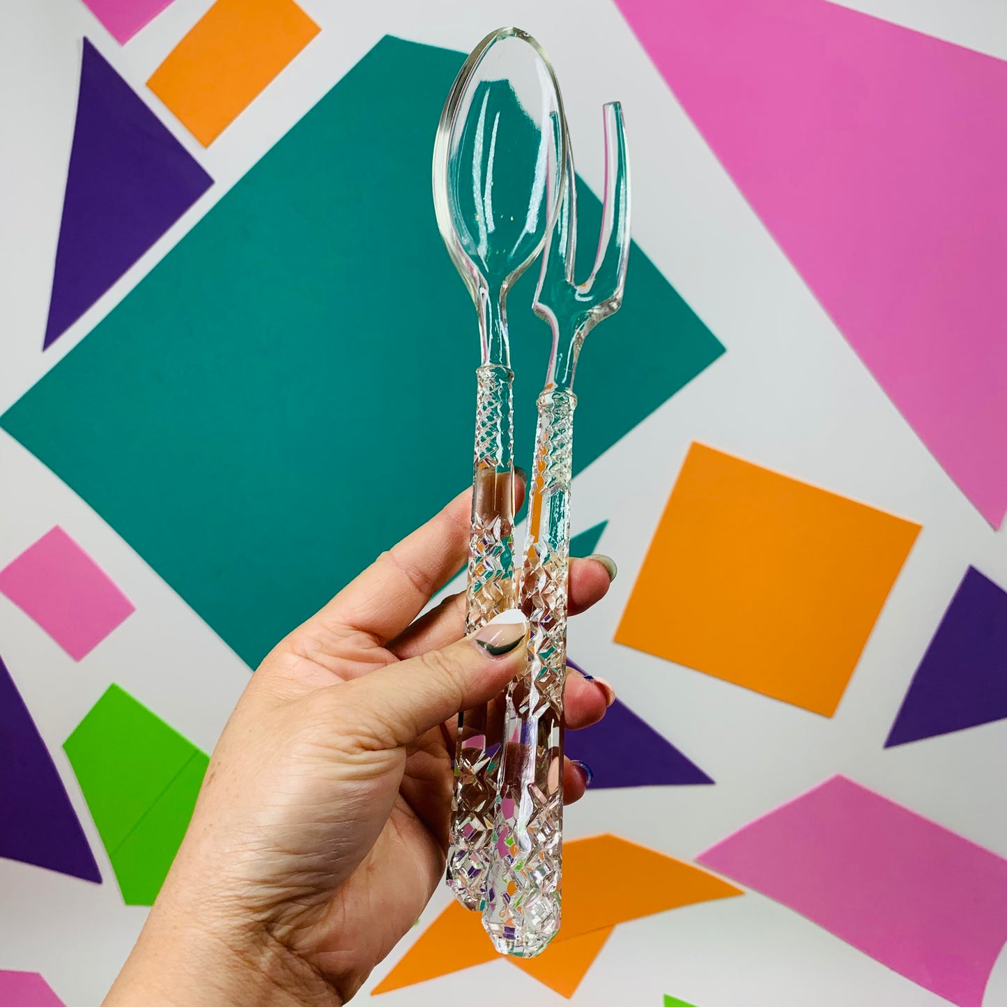 Vintage cut crystal serving spoon and fork