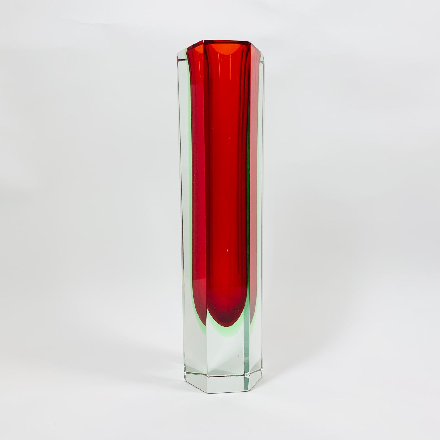 MCM red & green Murano sommerso hexagon tube glass vase by Mandruzatto