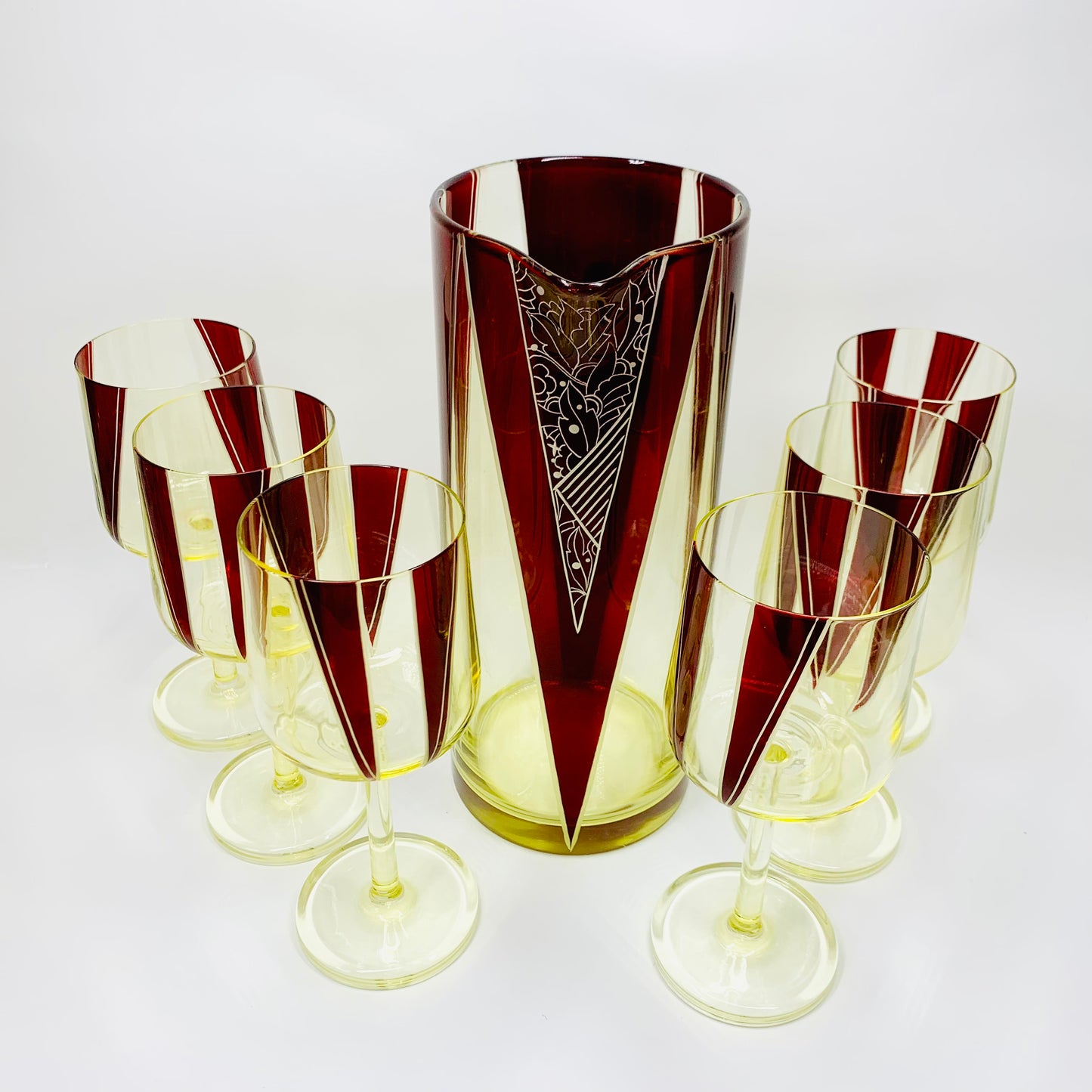 Extremely extremely rare antique Art Deco ruby enamel and citrine glass jug and matching wine glasses set by Karl Palda