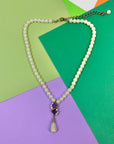 1960s Avon costume pearl necklace with chevron pearl amethyst paste drop pendant