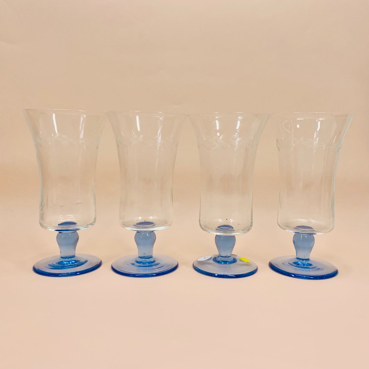 1940s hand etched wine glasses with blue short stem