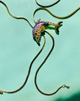 Rare 1970s gold plated with purple enamel dolphin slider bolo necklace