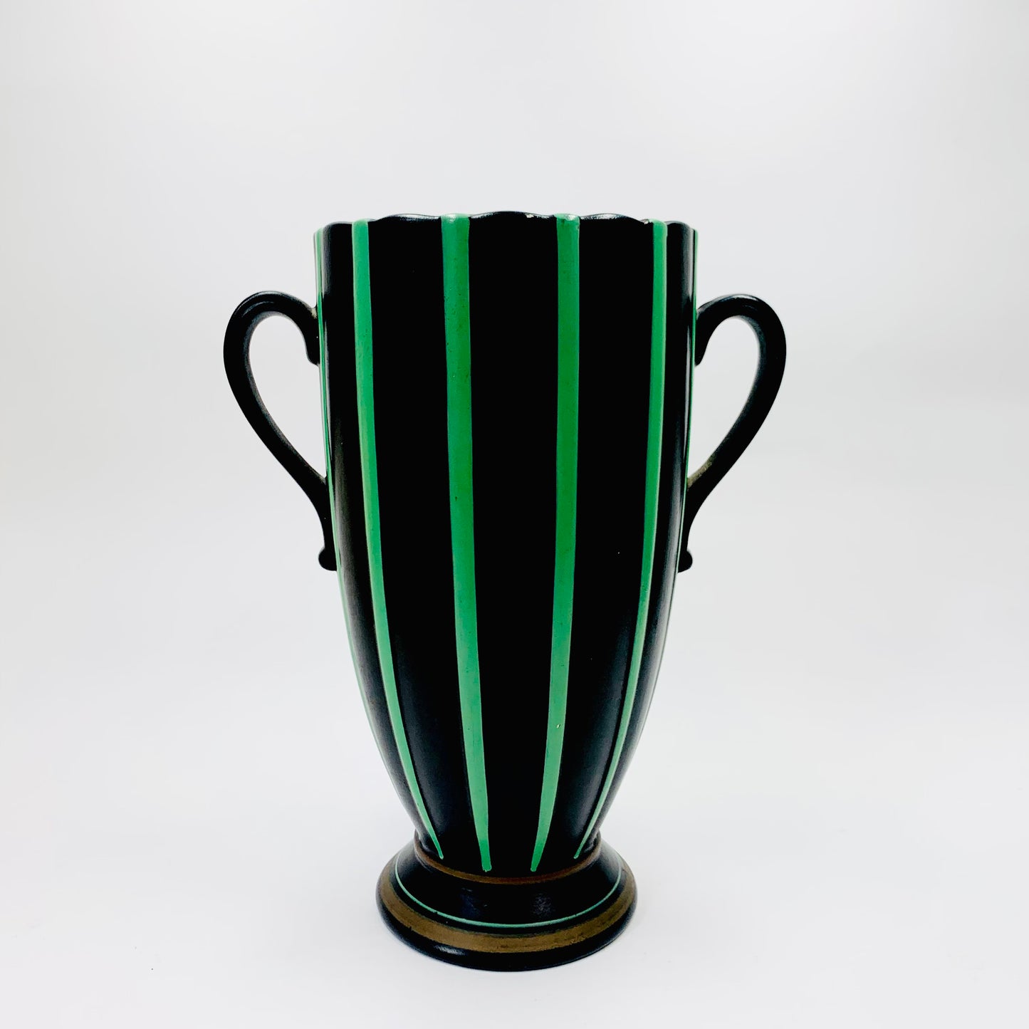 Antique Art Deco Brentleigh Brummel black & green stripes pottery vase with handles