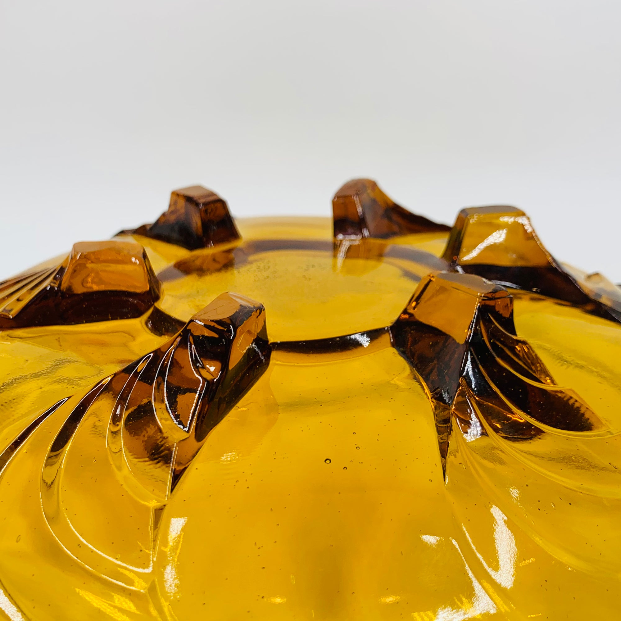 Antique Art Deco amber glass float bowl with matching flower frog
