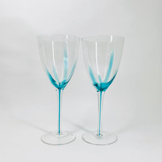 Vintage hand made turquoise art glass wine glasses with encased turquoise ink