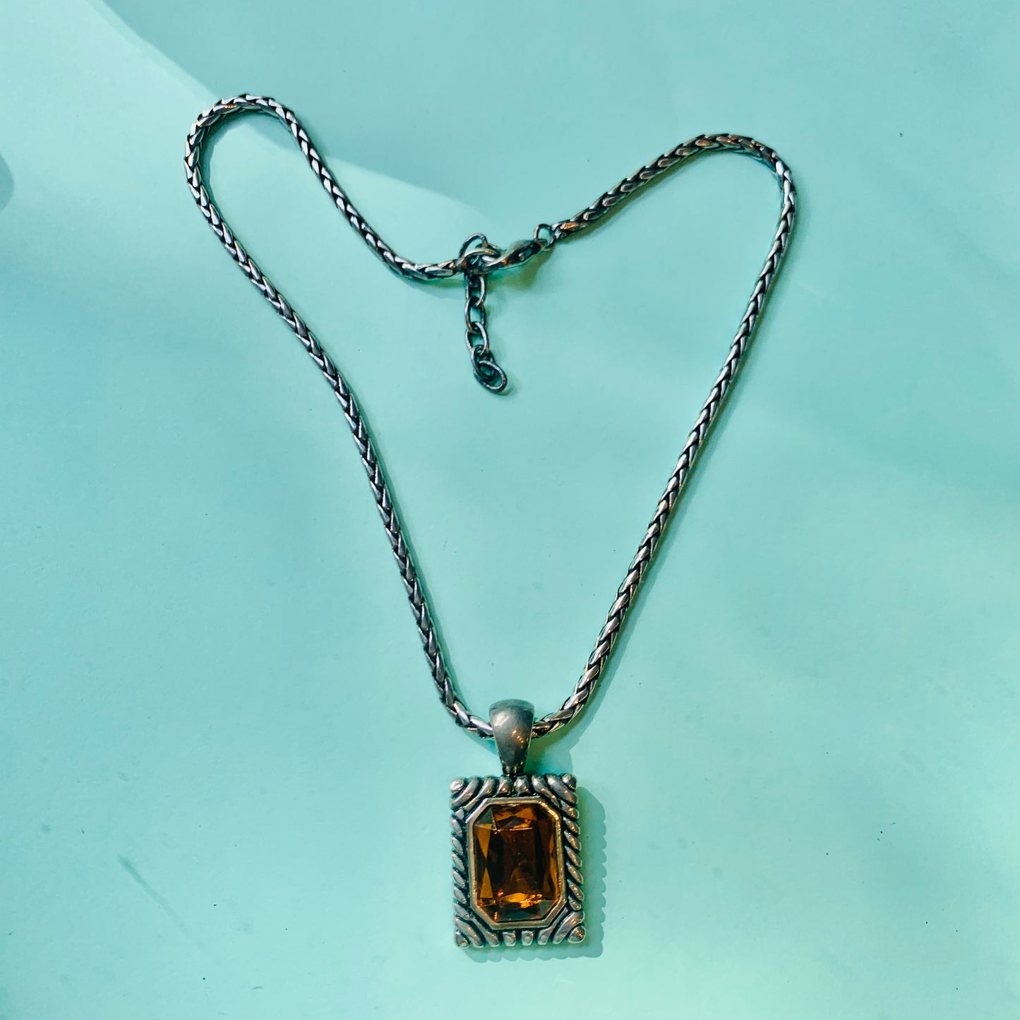 Vintage silver plated necklace with rectangular amber glass paste pendant