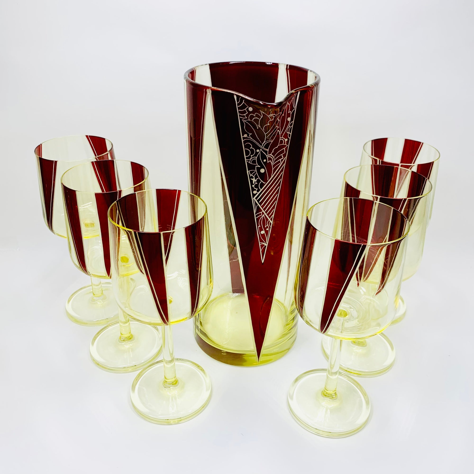 Extremely extremely rare antique Art Deco ruby enamel and citrine glass jug and matching wine glasses set by Karl Palda