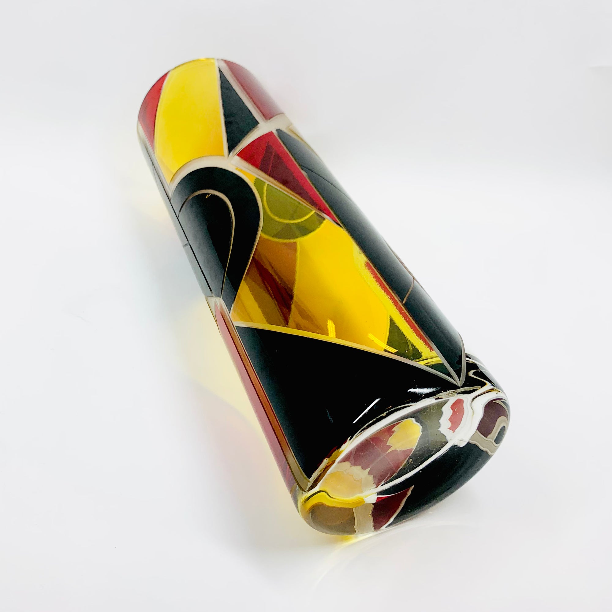Extremely rare antique Art Deco citrine, black and ruby enamel cylinder glass vase by Karl Palda