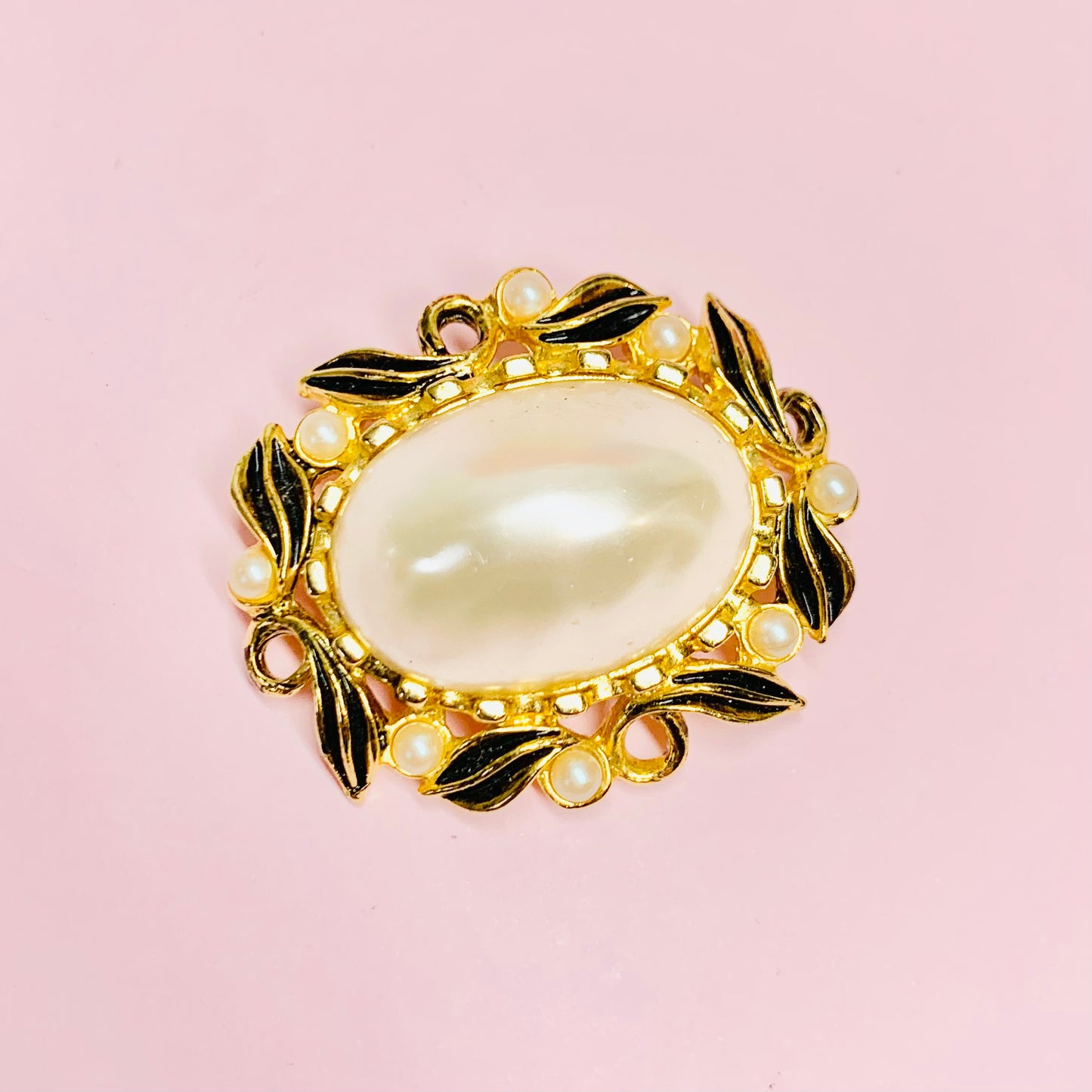 1950s plated alloy brooch with pearls and black enamel