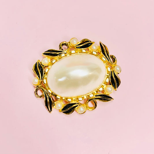 1950s plated alloy brooch with pearls and black enamel