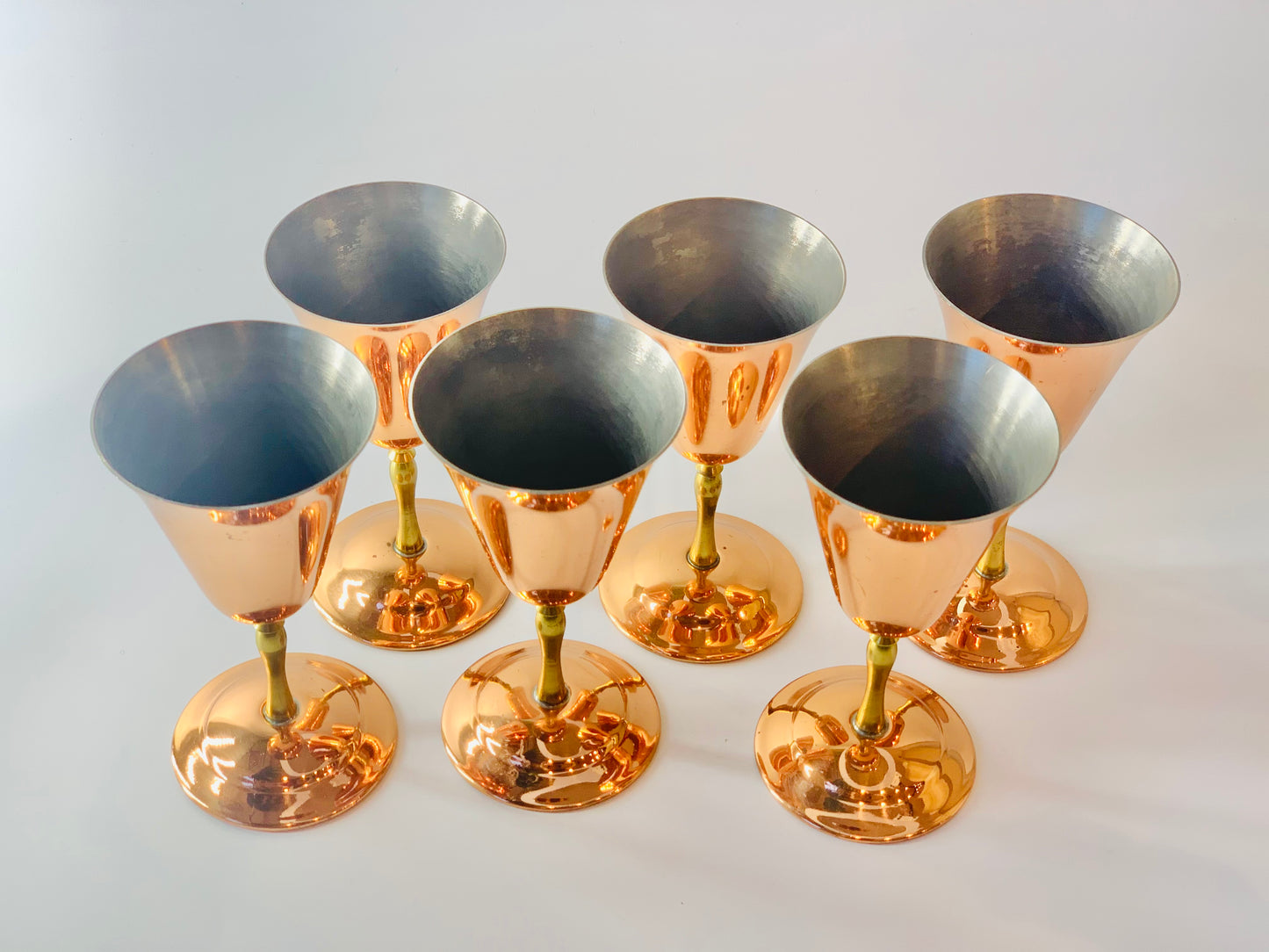 Copper plated wine/liqueur glasses with brass stems