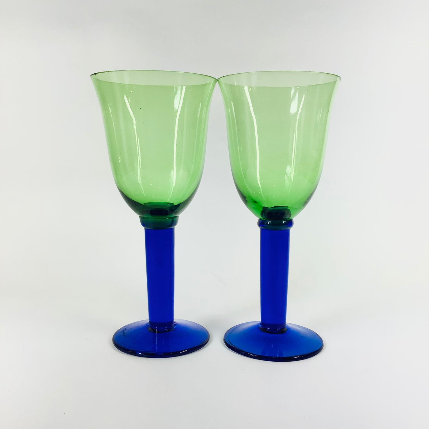 Midcentury green wine goblets with cobalt blue stem