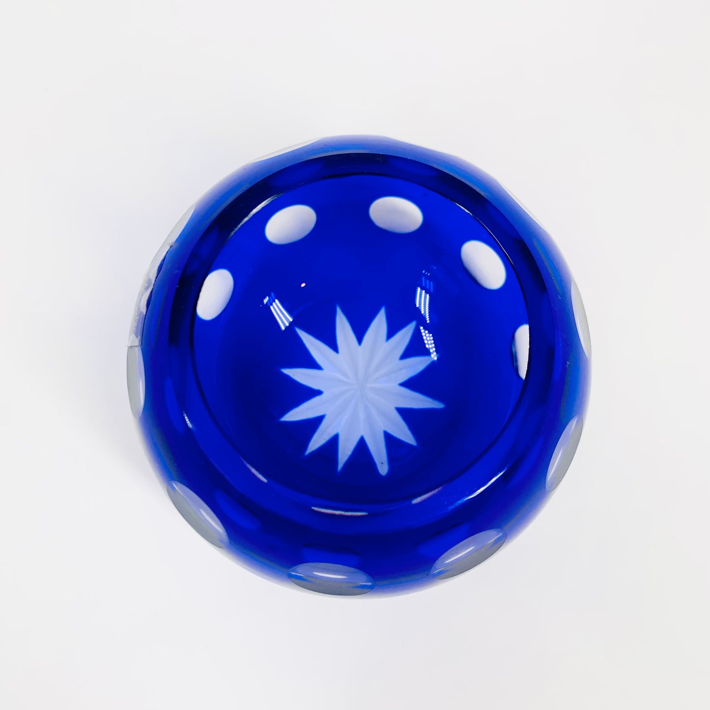 Midcentury Bohemian cut cameo blue glass tea light holder