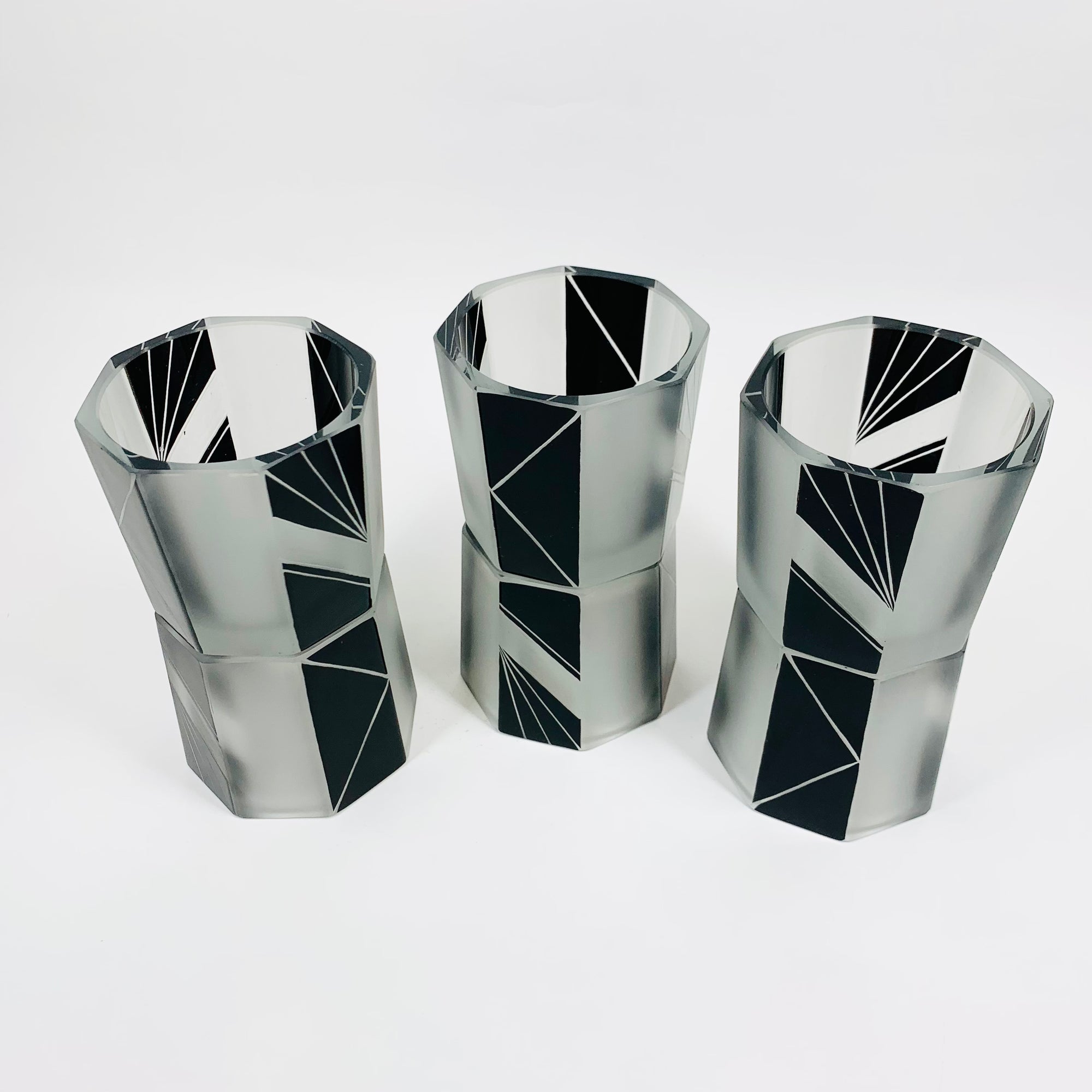 Extremely extremely rare antique Art Deco black enamel decanter satin glass set by Karl Palda