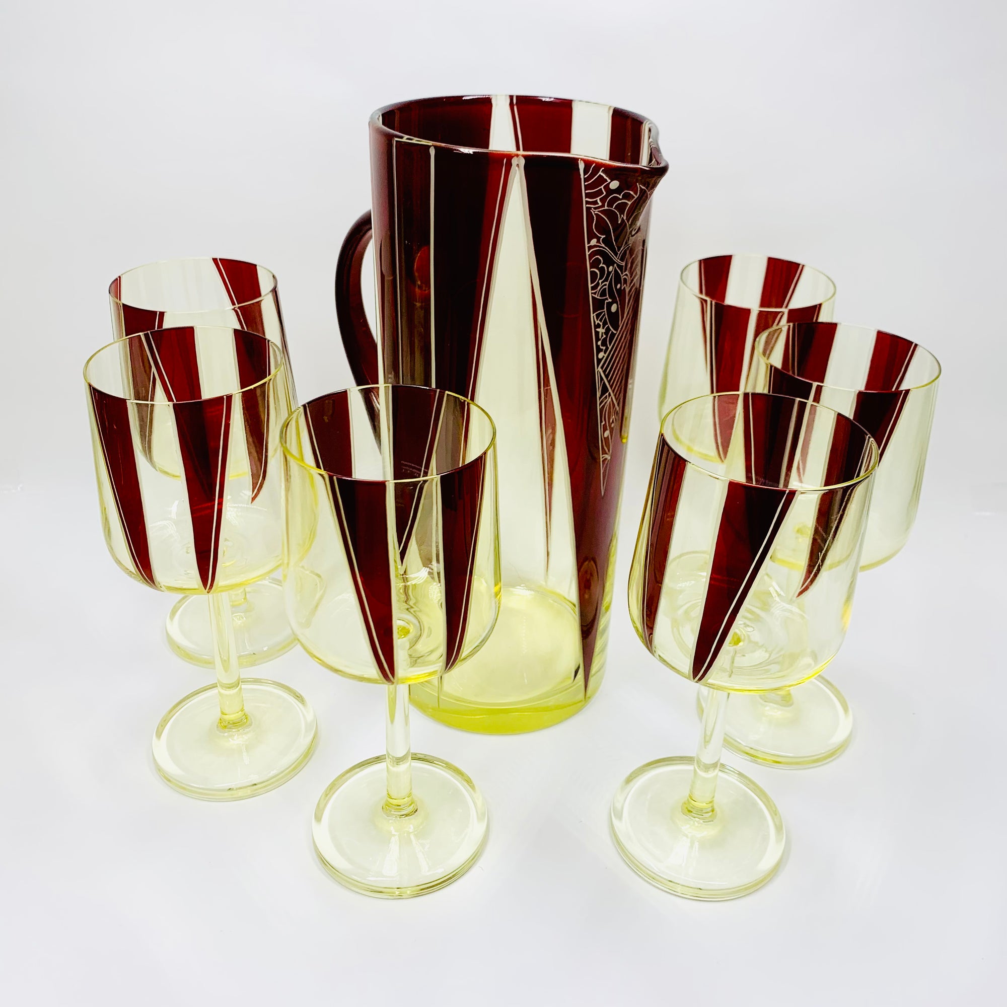 Extremely extremely rare antique Art Deco ruby enamel and citrine glass jug and matching wine glasses set by Karl Palda