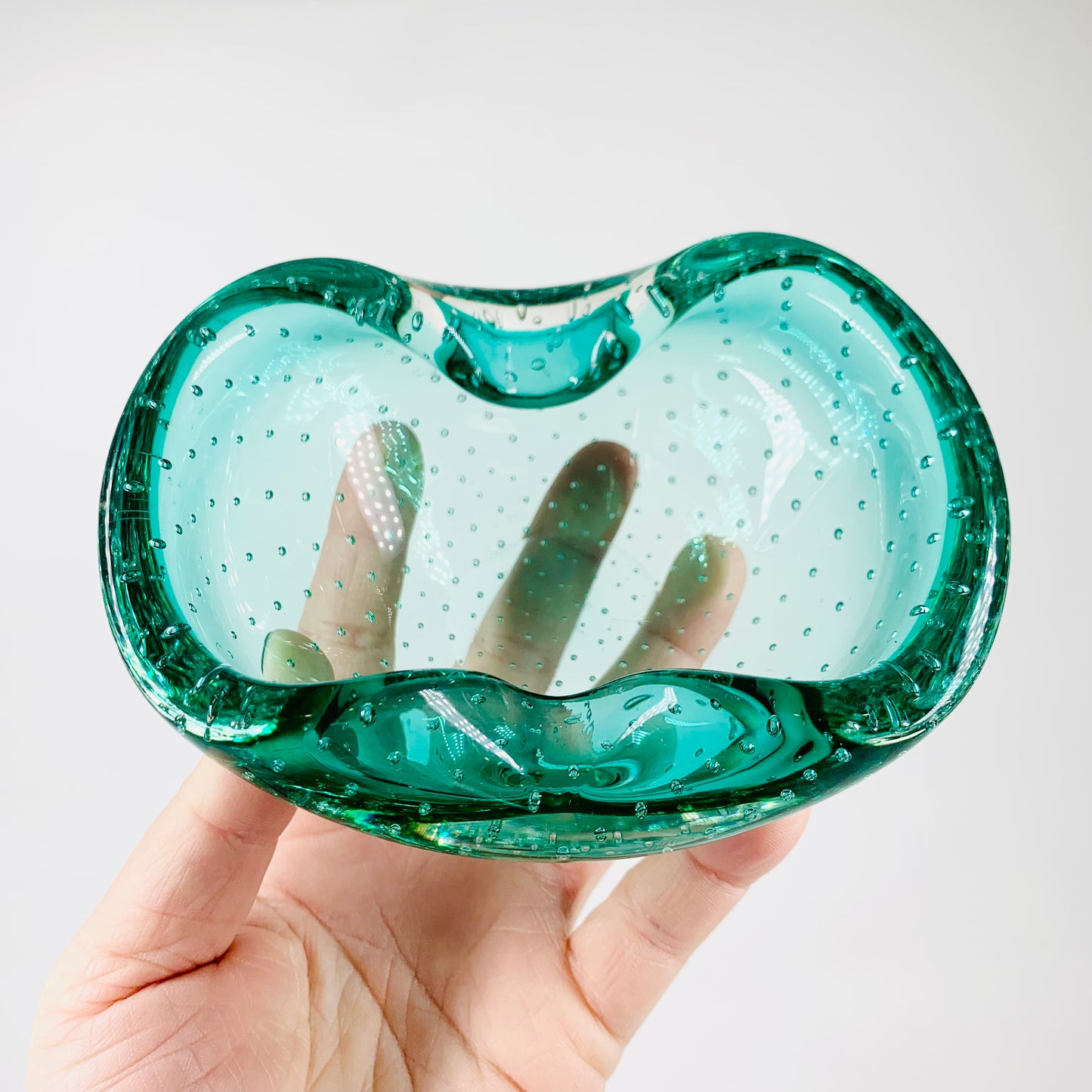 Stunning and rare MCM Murano turquoise glass ashtray with controlled bubbles
