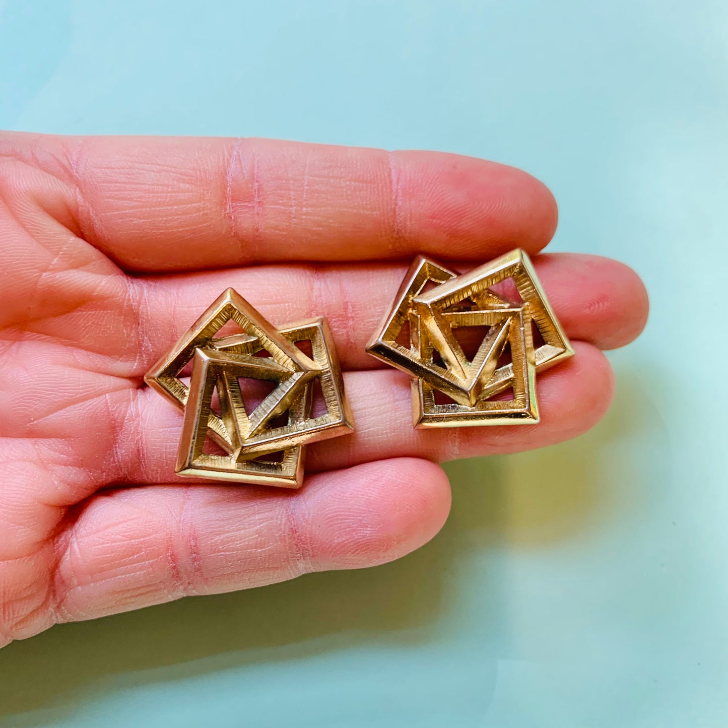 Rare 1960s French brass puzzle stud earrings