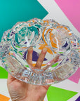 Large Midcentury clear pressed glass ashtray rose pattern