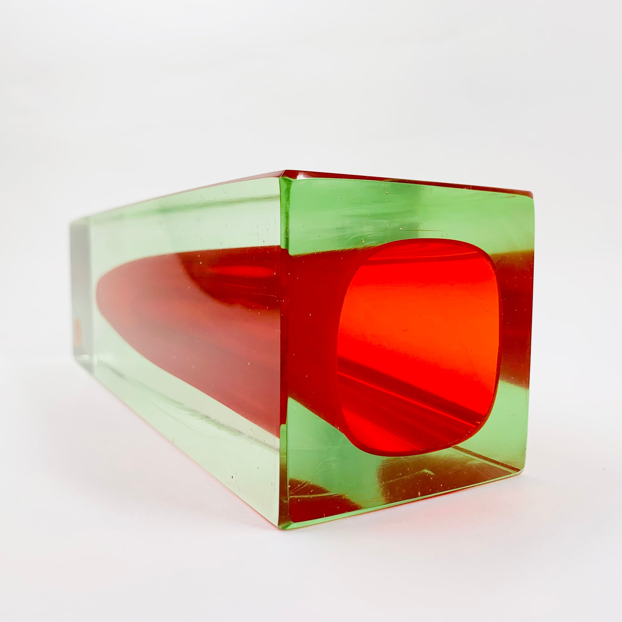 Large MCM red cased green Murano sommerso glass block vase by Mandruzatto