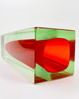 Large MCM red cased green Murano sommerso glass block vase by Mandruzatto