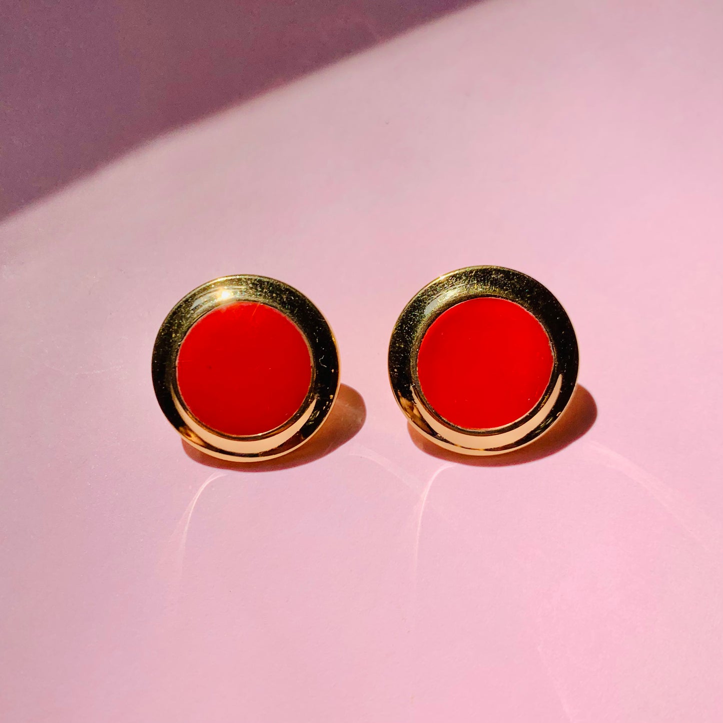 1960s triple plates gold red enamel clip on earrings by Monet