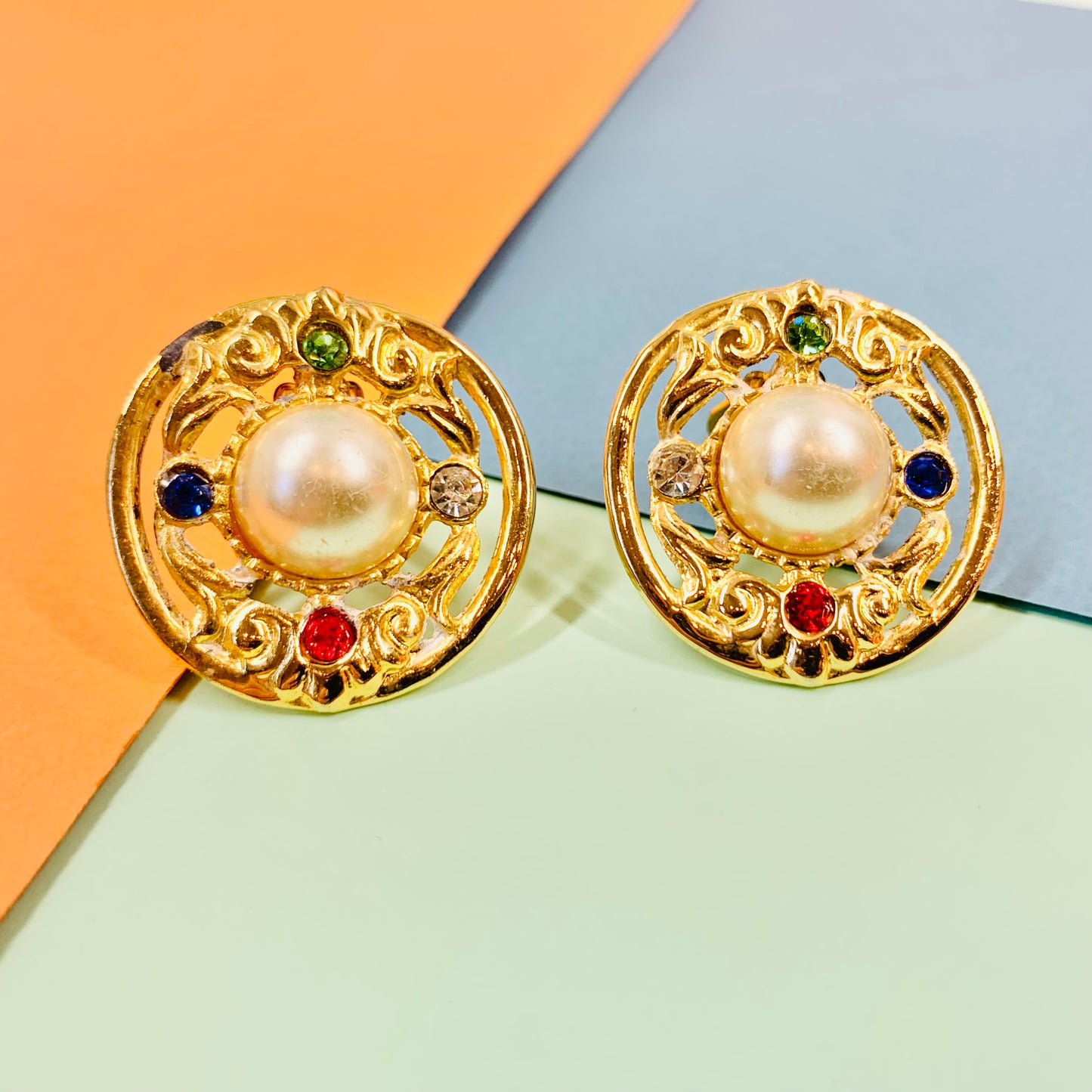 Stunning 1980s gold plated clip on pearl & colour rhinestones circular button earrings
