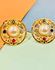 Stunning 1980s gold plated clip on pearl & colour rhinestones circular button earrings