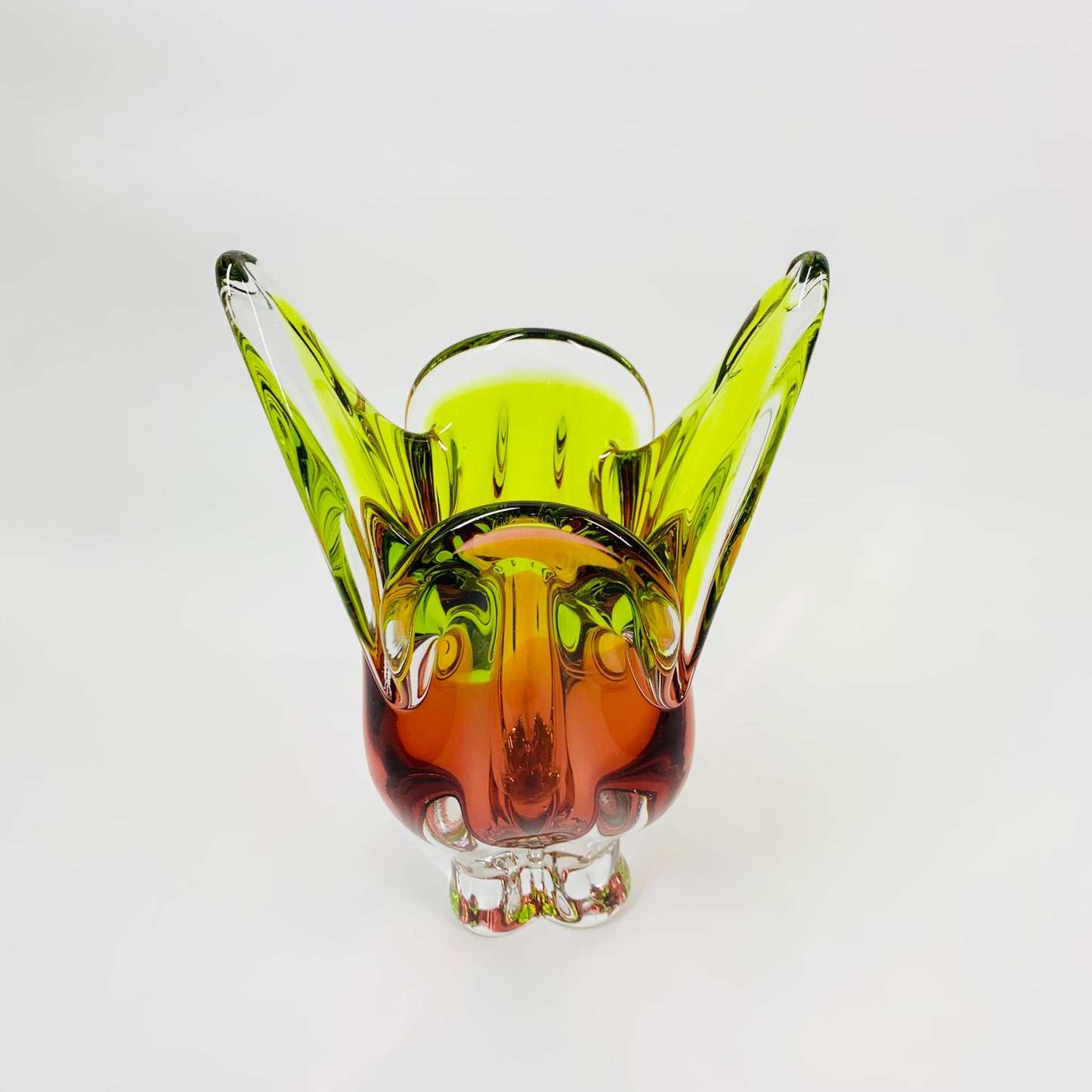 Extremely rare Midcentury Czech Chribska Glassworks lime green & amber orange sommerso glass Cat’s Head vase by Josef Hospodka
