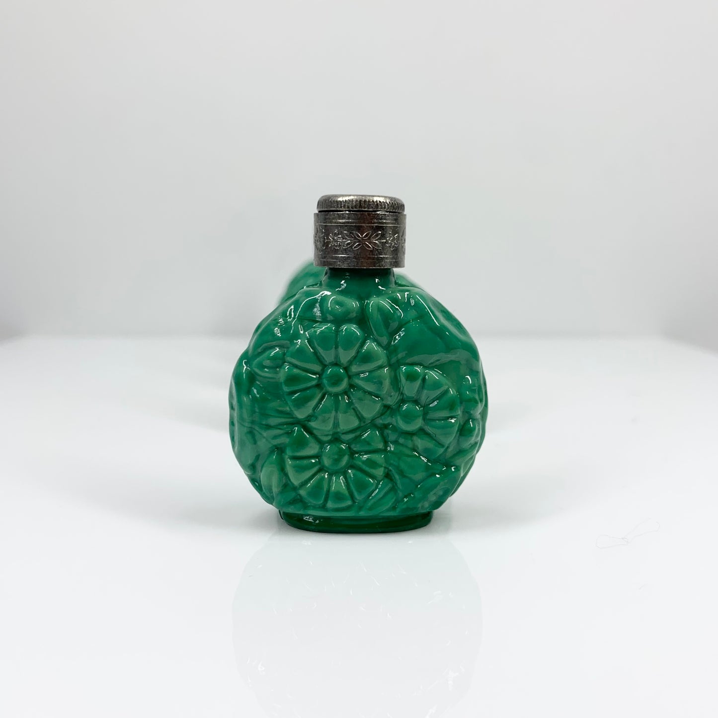 Antique hand carved Bohemian malachite mini perfume bottle with silver plated stopper