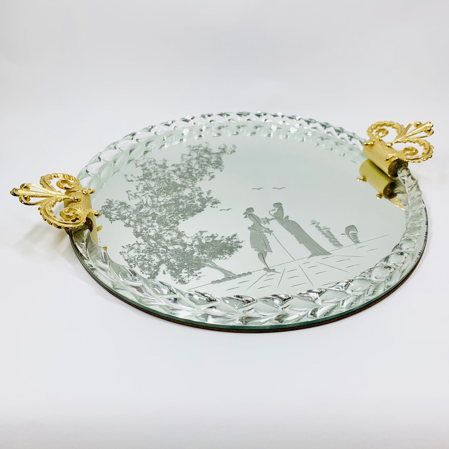 1940s hand etched mirror tray with gold aventurine rope border