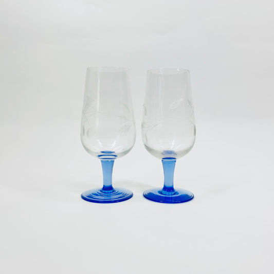 MCM etched blue stem liqueur glasses