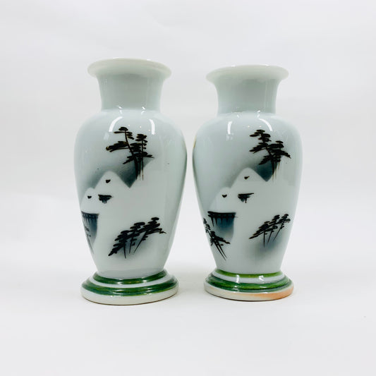 Midcentury pair of Japanese hand painted pottery posy vases