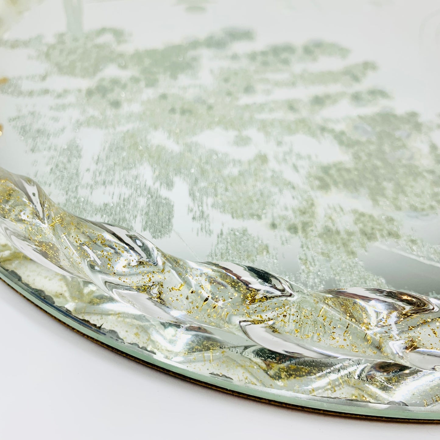 1940s hand etched mirror tray with gold aventurine rope border