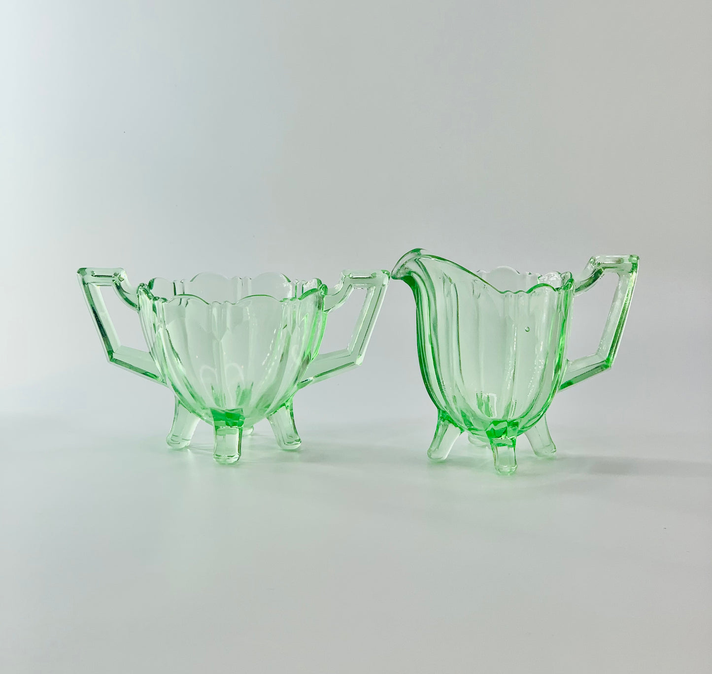 Art Deco green depression glass creamer jug and sugar bowl