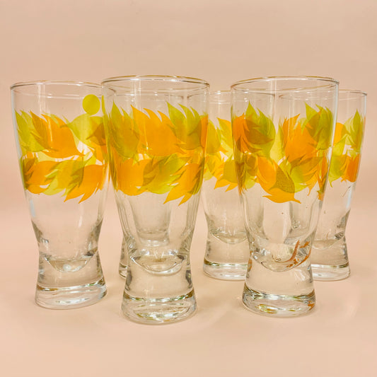 1970s laminated leaf pattern heavy base highball glasses