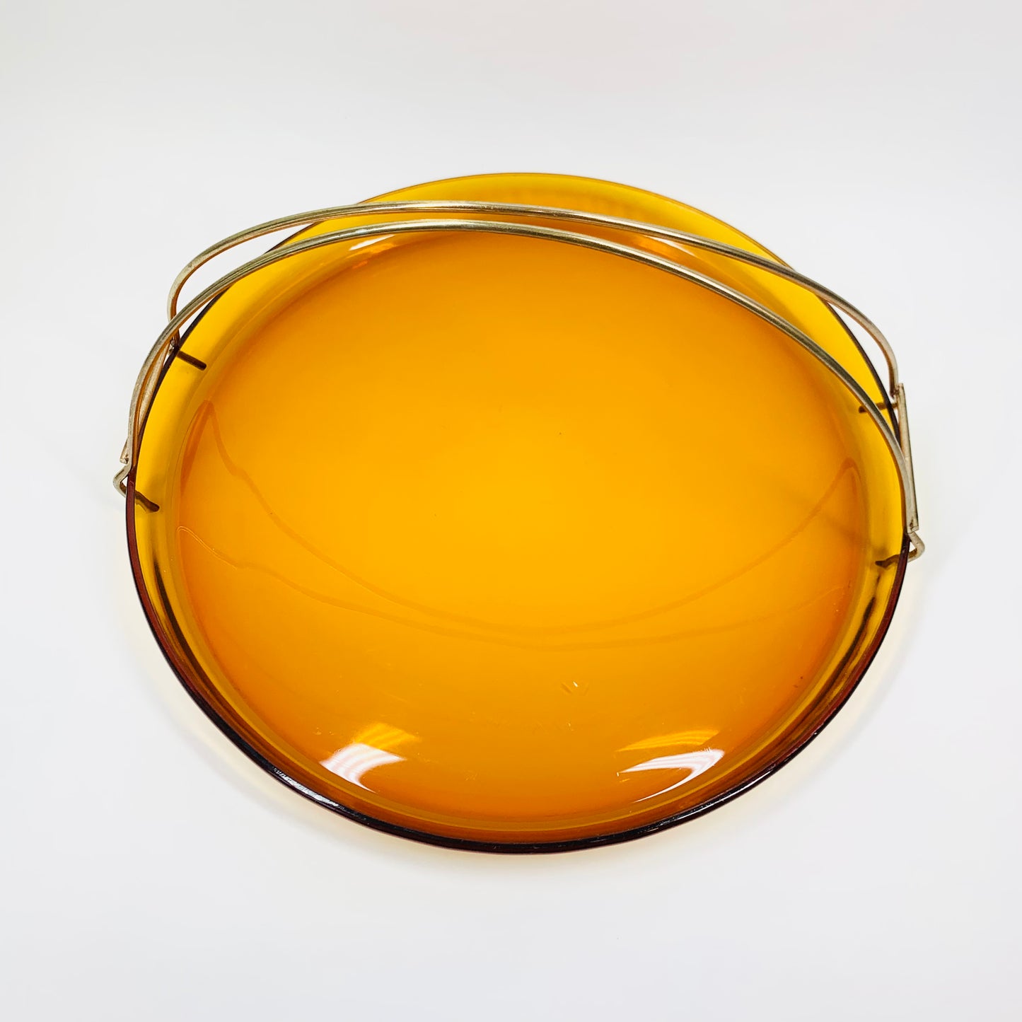 Large Midcentury amber glass serving plate with metal handle