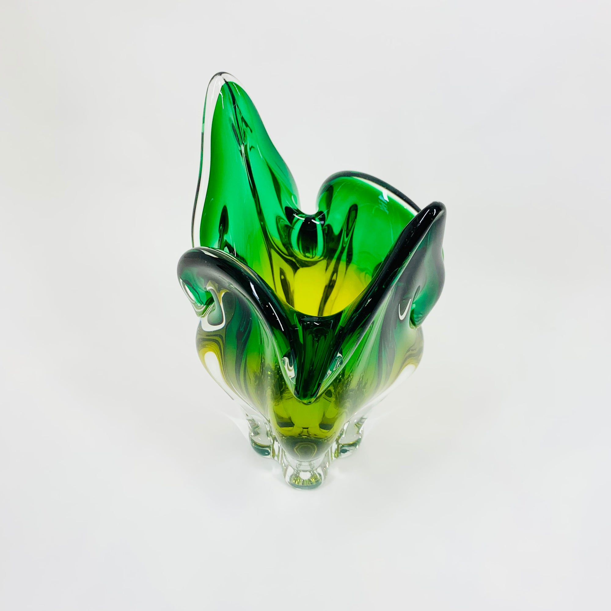 Extremely rare Midcentury Czech Chribska Glassworks green &amp; yellow sommerso glass Cat’s Head vase by Josef Hospodka