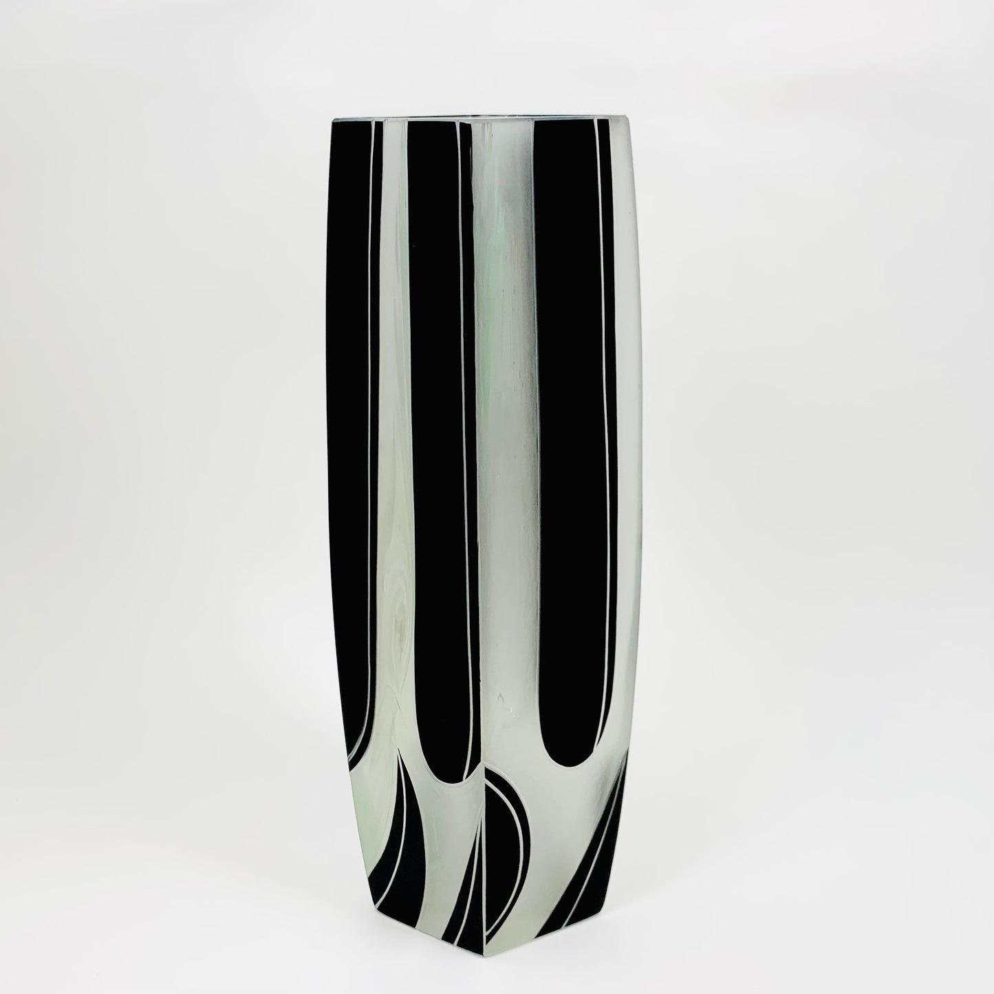 Antique Art Deco black enamel pale sage green satin glass vase by Karl Palda