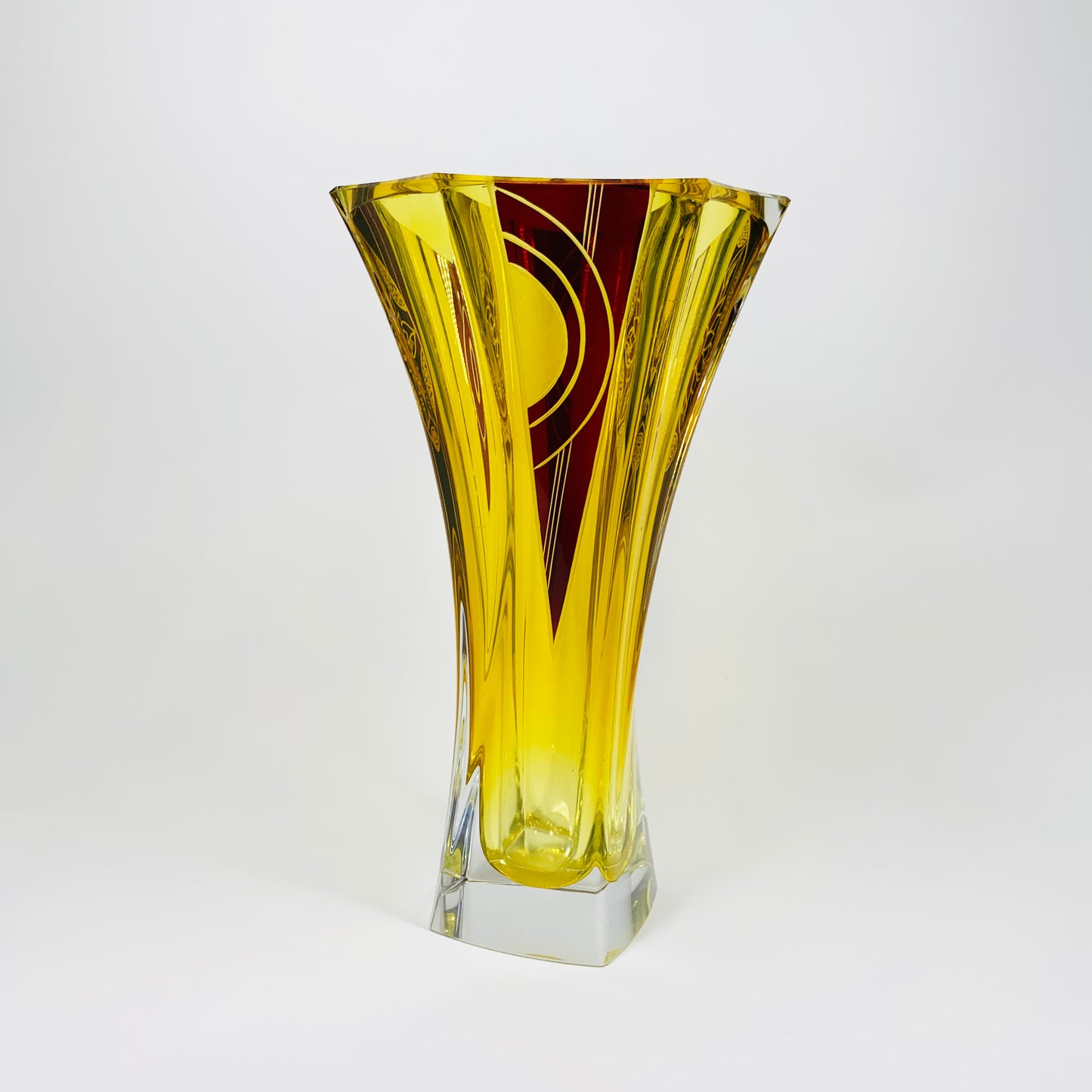 Extremely rare antique Art Deco footed spiral citrine and ruby enamel vase by Karl Palda