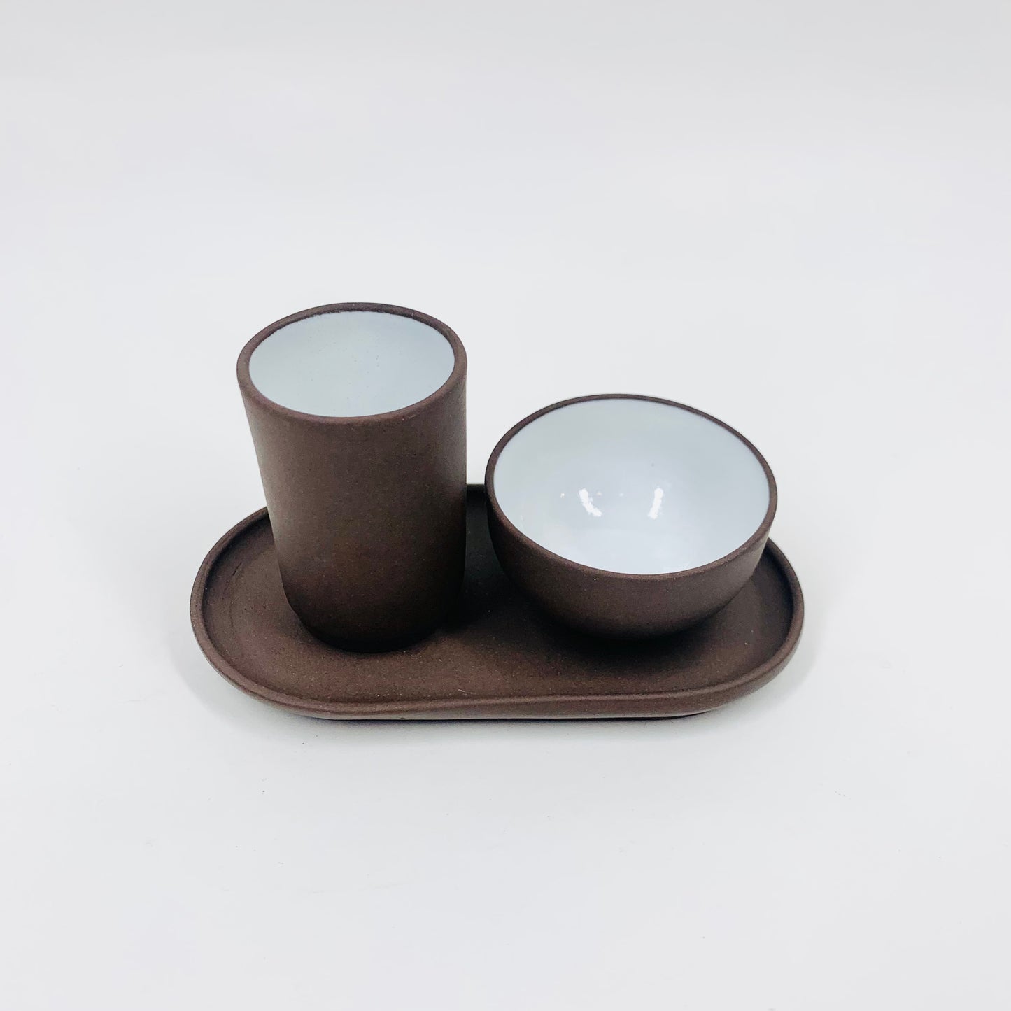 Rare Midcentury Japanese brown pottery condiment set