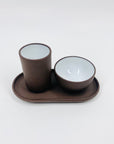 Rare Midcentury Japanese brown pottery condiment set