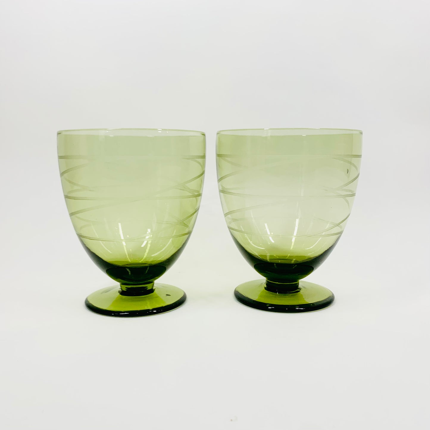 MCM etched green glass coupe/wine glasses