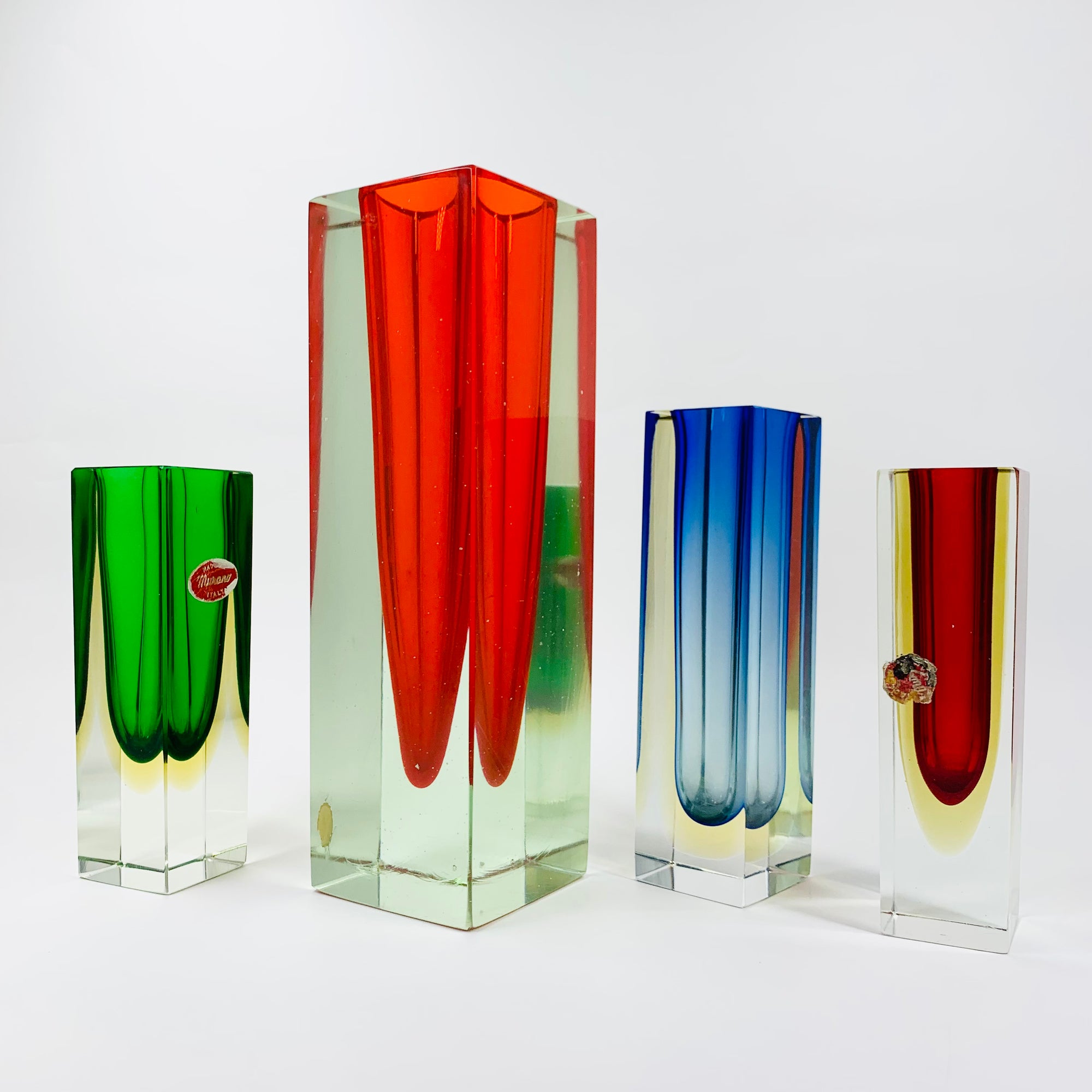 Large MCM red cased green Murano sommerso glass block vase by Mandruzatto